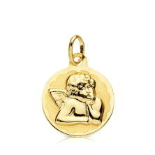<STRONG>Medalla ángel querubín bebé 14 mm oro 9 kilates.<BR>Medalla </STRONG>de<STRONG> bebé</STRONG> con filos en brillo&nbsp;y