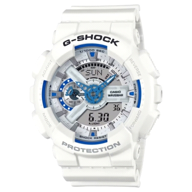 GA-110HDS-7AER G-SHOCK <BR>Correa blanca de resina<BR>Movimiento de cuarzo análogico y digital. Funciones digitales y 5 alarmas.