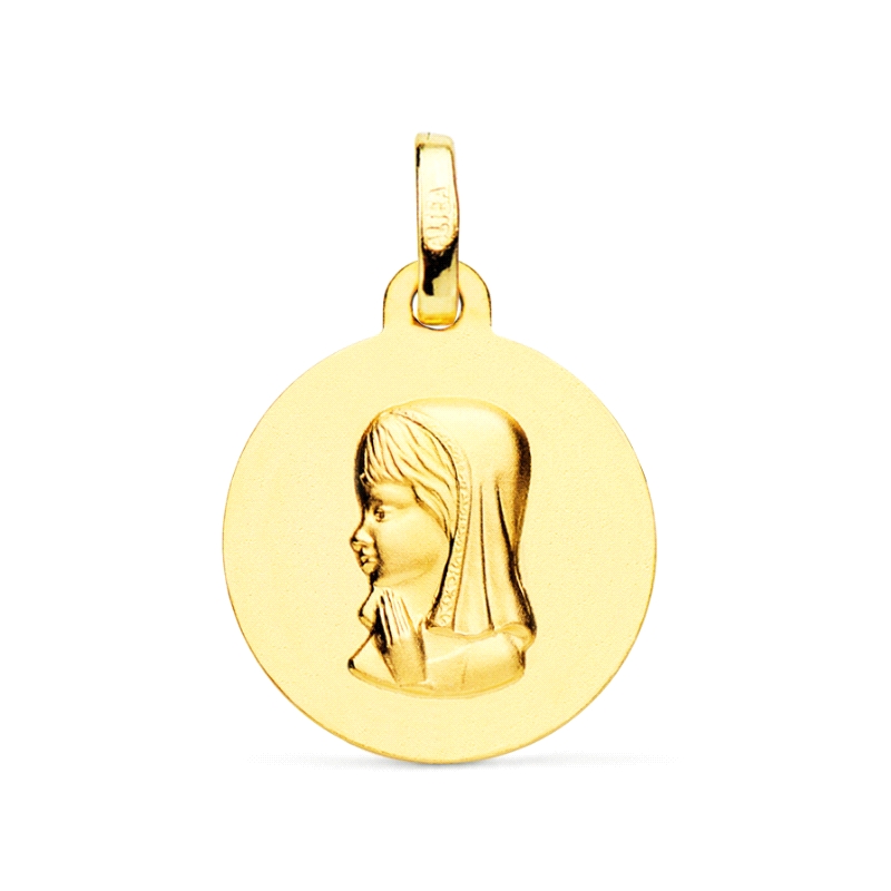 <STRONG>Medalla niña 16 mm oro amarillo 18k matizada.<BR>Medalla</STRONG> de<STRONG> niña</STRONG> con la imagen de la <STRONG>v