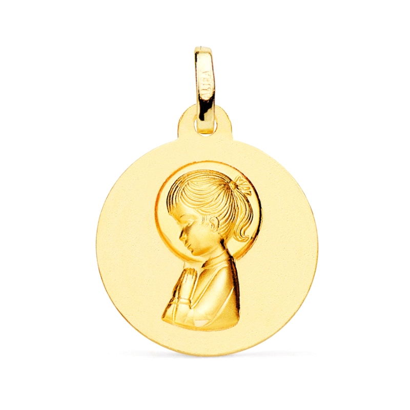 <STRONG>Medalla virgen niña 18 mm oro amarillo 18k matizada.<BR>Medalla</STRONG> para <STRONG>niña</STRONG> en acabado matizado 