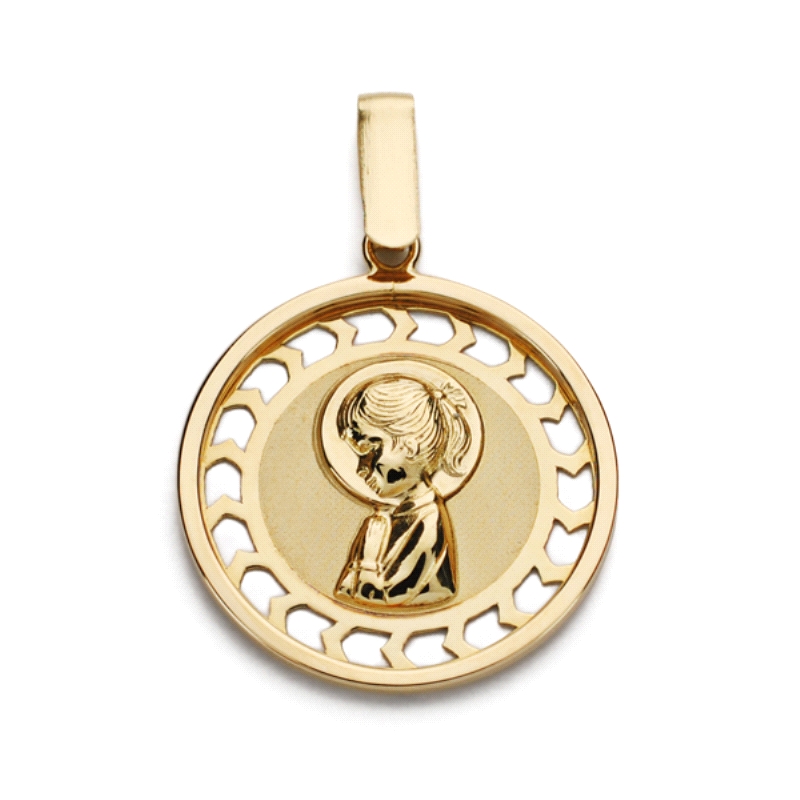 <STRONG>Medalla virgen niña coleta 18 mm oro amarillo 18k calada.</STRONG><BR><STRONG>Medalla</STRONG> de <STRONG>virgen niña</S