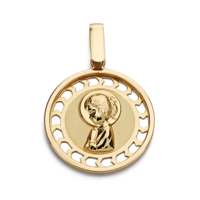 <STRONG>Medalla virgen niña coleta 18 mm oro amarillo 18k calada.</STRONG><BR><STRONG>Medalla</STRONG> de <STRONG>virgen niña</S