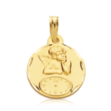 <STRONG>Medalla bebé 15 mm oro amarillo 18k ángel con reloj.<BR>Medalla</STRONG> de <STRONG>bebé</STRONG> con<STRONG> ángel</STR