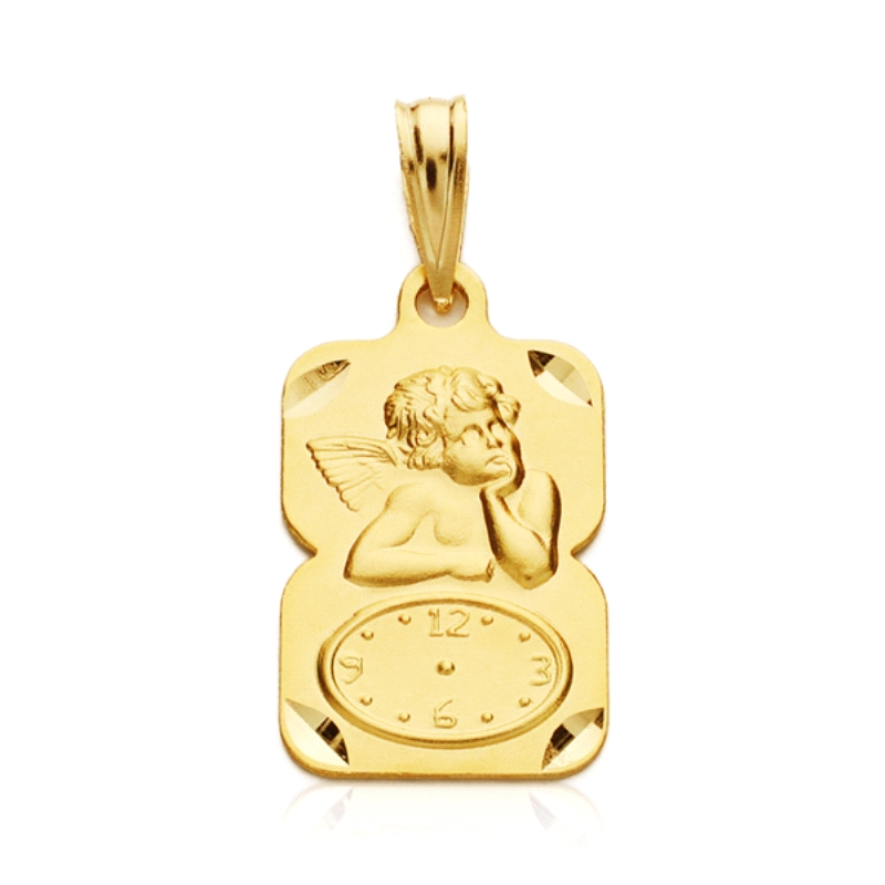 <STRONG>Medalla bebé con reloj y ángel querubín 20 x 11 mm oro amarillo 18k.</STRONG><BR><STRONG>Medalla</STRONG> con <STRONG>re