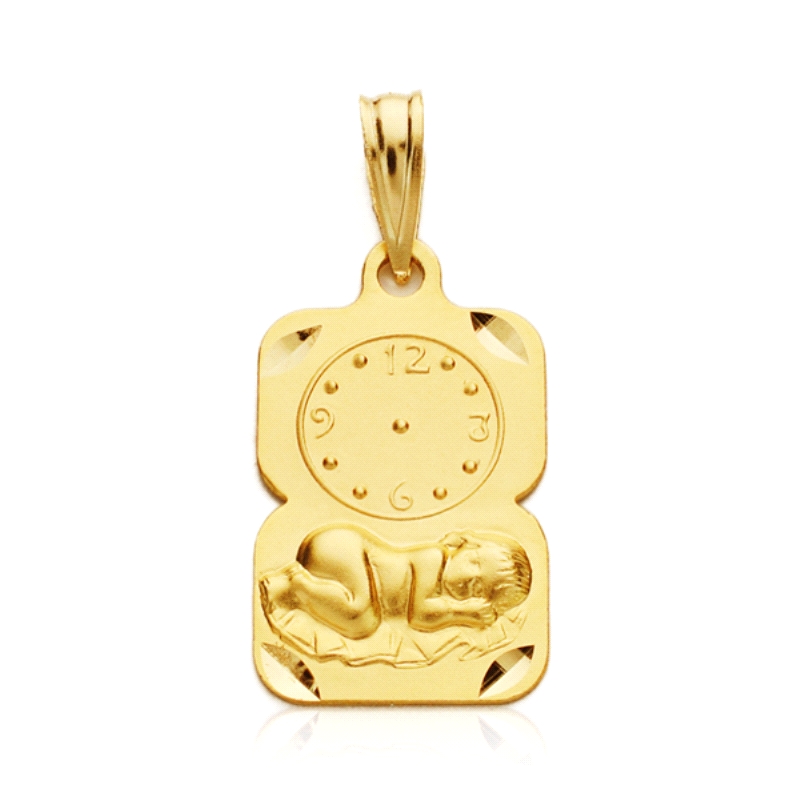 <STRONG>Medalla bebé con reloj y niño en cuna 19 x 11 mm oro amarillo 18k.</STRONG><BR><STRONG>Medalla</STRONG> de <STRONG>bebé 