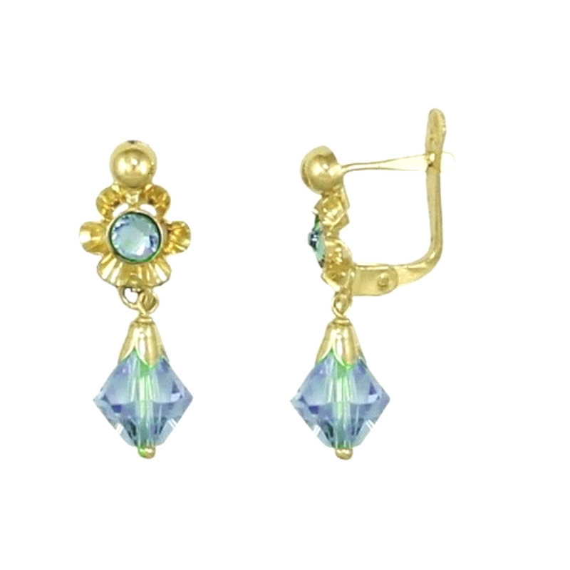 Pendientes cubanitas oro 18k aguamarina rombito<BR>Pendientes cubanas para niña con lagrima&nbsp;en aguamarina en forma de rombi