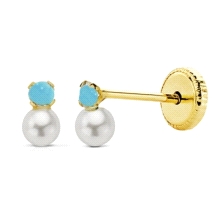 <p>Pendiente de Niña (7) <br />Modelo: Tu y Yo Perla y Turquesa<br />Fabricado en Oro de 9 Kilates<br />Medida Perla: 5mm<br />C