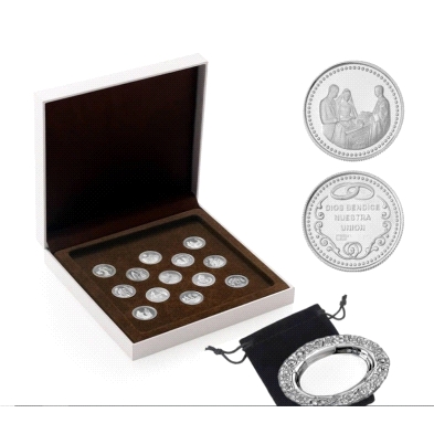 <P>Juego de arras Biblicas con bandeja <BR>Monedas de 20mm Marca Argyor<BR>Fabricadas en <STRONG>Plata de Primera &nbsp;ley</STR
