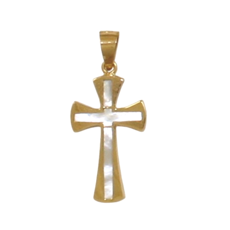 <STRONG>Cruz con nacar oro amarillo 18 kilates.<BR></STRONG>Su tamaño es de 16 mm de alto y 10 mm de ancho (sin incluir asa).<BR