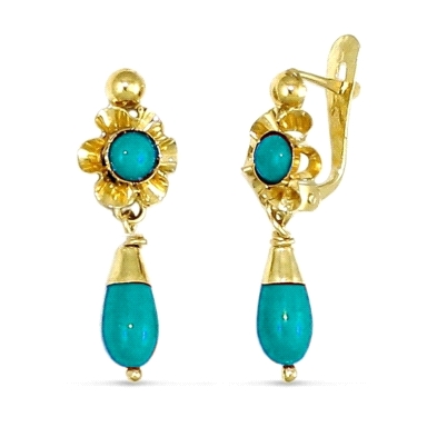 <STRONG>Pendiente arquillo turquesa oro 18 kilates.<BR>Pendiente cubana turquesa</STRONG> con un largo de 25 mm.<BR>Roseta de 8 