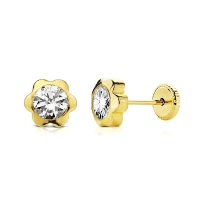 <STRONG>Pendiente niña</STRONG> flor oro 9 kilates.<BR>Pendientes&nbsp;con forma de flor, tienen una circonita&nbsp;con un tamañ