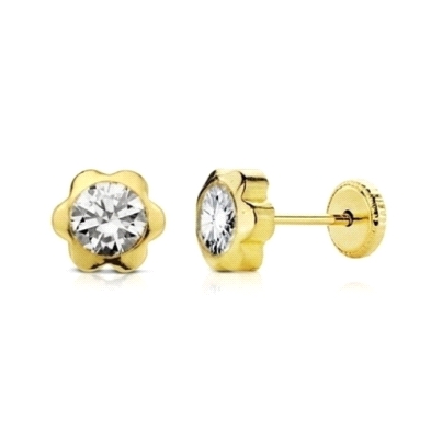 <STRONG>Pendiente niña</STRONG> flor oro 9 kilates.<BR>Pendientes&nbsp;con forma de flor, tienen una circonita&nbsp;con un tamañ