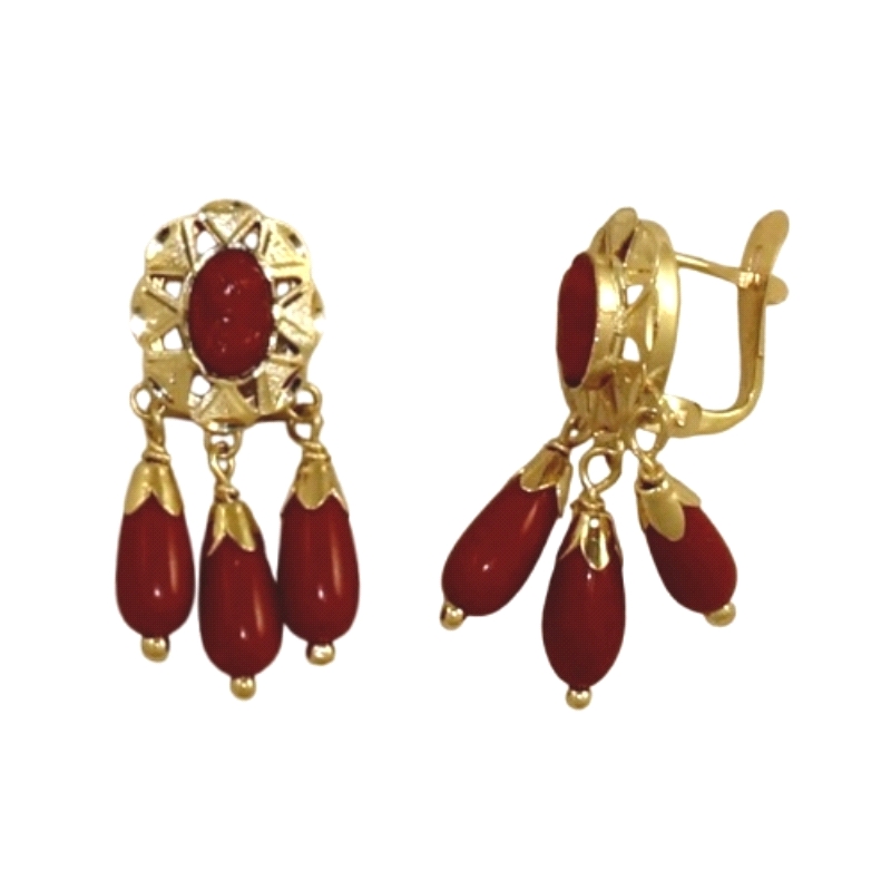 Pendiente cubana con lagrimas <BR>Pendiente cubana con camafeo central en coral&nbsp; y 3 lagrimas<BR>Medidas de 23mm y cierre d