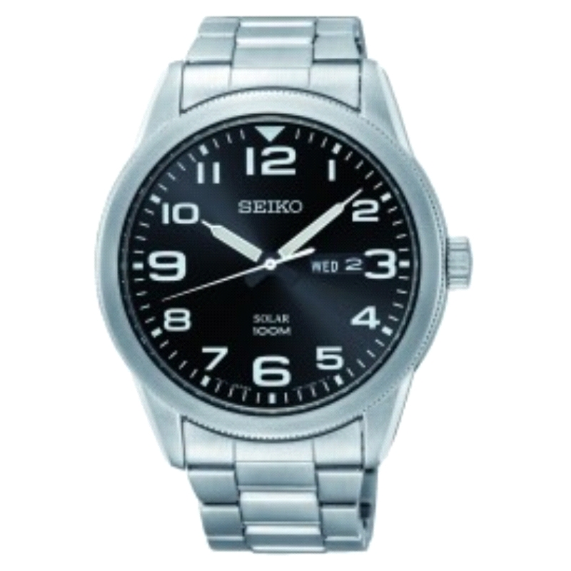 <p>Reloj Seiko Hombre (2)<br />Caja y armys de acero con cristal mineral y movimiento <strong>SOLAR</strong> <br />Esfera negra 