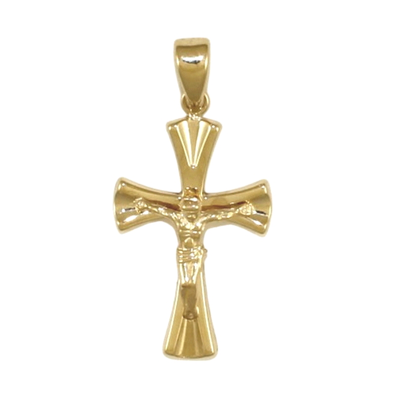 <STRONG>Cruz con cristo oro amarillo 9 kilates.<BR>Cruz con cristo</STRONG> en relieve con un alto de 29 mm y un ancho de 8 mm (