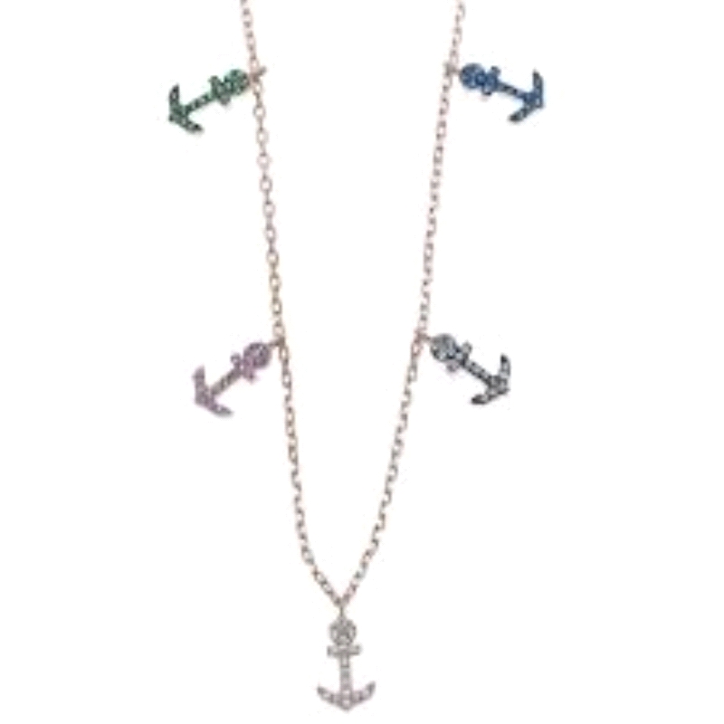 Collar con anclas de circonitas de diferentes colores.
Fabricado en plata de 1ª Ley con baño rosa.