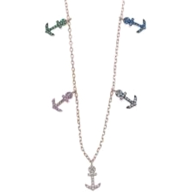 Collar con anclas de circonitas de diferentes colores.
Fabricado en plata de 1ª Ley con baño rosa.