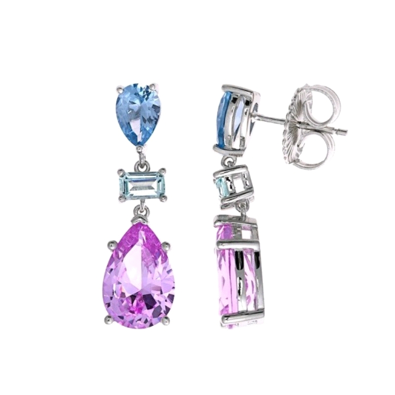 Pendiente formado con tres piedras en color rosa, verde y celeste.
Fabricado en plata de 1ª Ley.