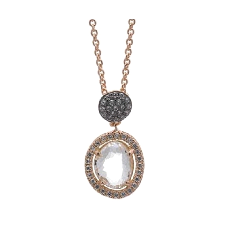 Collar fabricado en plata de 1ª ley. con baño rosa.
Con piedra transparente y circonitas.