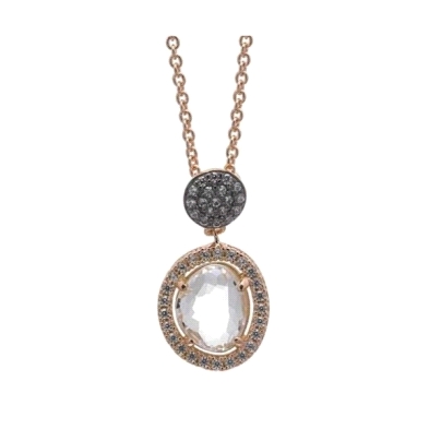 Collar fabricado en plata de 1ª ley. con baño rosa.
Con piedra transparente y circonitas.