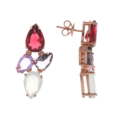 Pendiente fabricado en plata bañado en rosa.
Con 4 piedras de diferentes colores.
