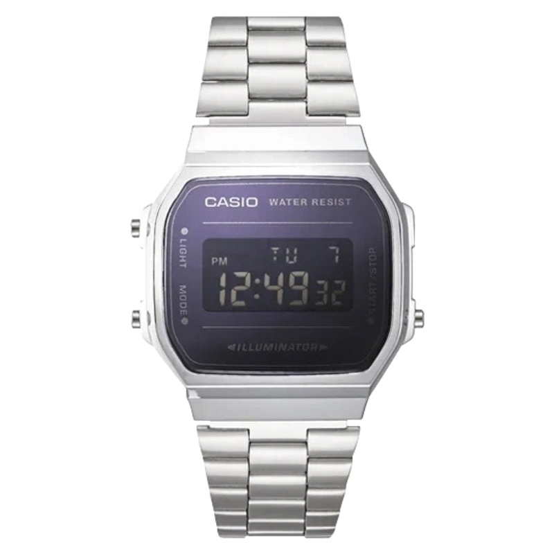 Reloj Casio Vintage A168WEM-1EFV<BR>Cristal de vidrio acrilico con correa de acero y caja de resina <BR>Cronómetro, alarma y cal