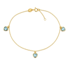 Pulseras tobillera de oro con corazones celeste<BR>Tobillera de cadena de rolo con 3 corazones&nbsp;celeste colgando.<BR>Largo d