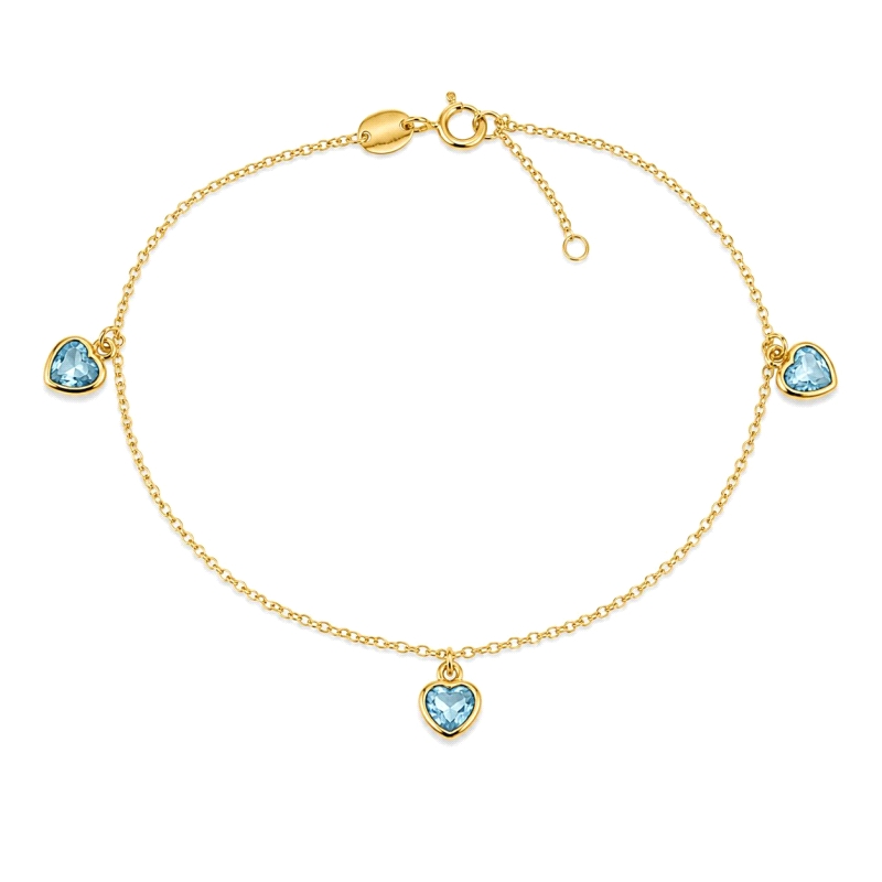 Pulseras tobillera de oro con corazones celeste<BR>Tobillera de cadena de rolo con 3 corazones&nbsp;celeste colgando.<BR>Largo d