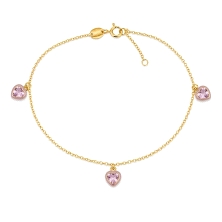 Pulseras tobillera de oro con&nbsp;corazones rosas<BR>Tobillera de cadena de rolo con&nbsp;3 corazones rosa colgando.<BR>Largo d