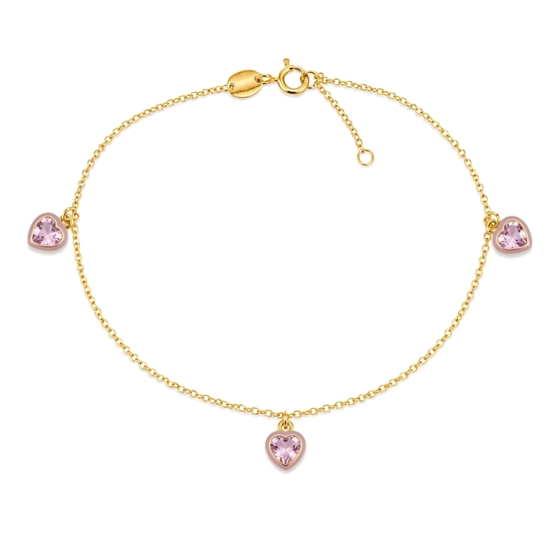 Pulseras tobillera de oro con&nbsp;corazones rosas<BR>Tobillera de cadena de rolo con&nbsp;3 corazones rosa colgando.<BR>Largo d