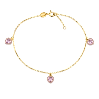 Pulseras tobillera de oro con&nbsp;corazones rosas<BR>Tobillera de cadena de rolo con&nbsp;3 corazones rosa colgando.<BR>Largo d