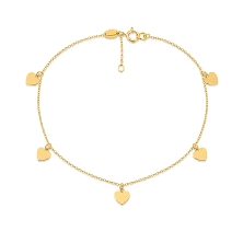 Pulseras tobillera de oro con corazones&nbsp; <BR>Tobillera de cadena de rolo con 5 corazones lisos colgando.<BR>Largo de la tob