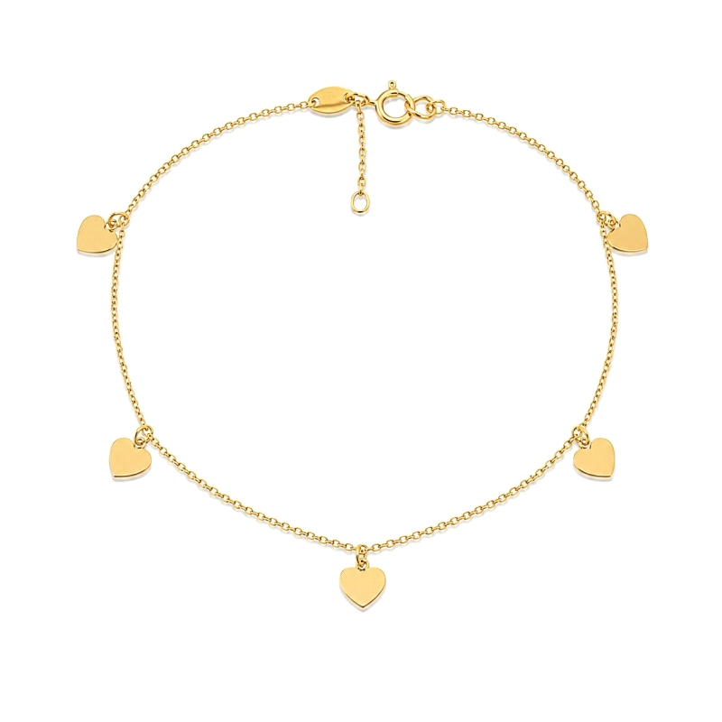 Pulseras tobillera de oro con corazones&nbsp; <BR>Tobillera de cadena de rolo con 5 corazones lisos colgando.<BR>Largo de la tob