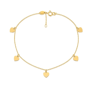 Pulseras tobillera de oro con corazones&nbsp; <BR>Tobillera de cadena de rolo con 5 corazones lisos colgando.<BR>Largo de la tob