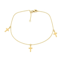 Pulseras tobillera de oro con&nbsp;cruces&nbsp; <BR>Tobillera de cadena de rolo con&nbsp;3 cruces lisas colgando.<BR>Largo de la