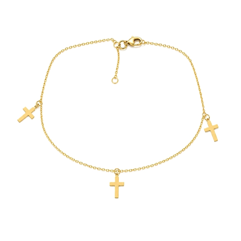 Pulseras tobillera de oro con&nbsp;cruces&nbsp; <BR>Tobillera de cadena de rolo con&nbsp;3 cruces lisas colgando.<BR>Largo de la