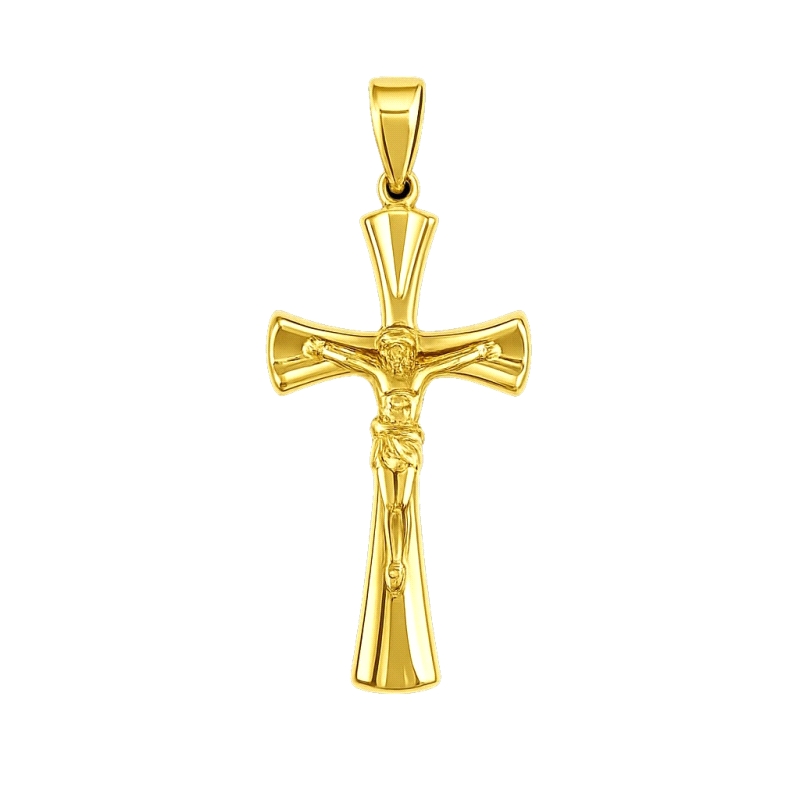 <STRONG>Cruz con cristo oro amarillo 9 kilates.<BR>Cruz con cristo</STRONG> en relieve con un alto de 29 mm y un ancho de 8 mm (