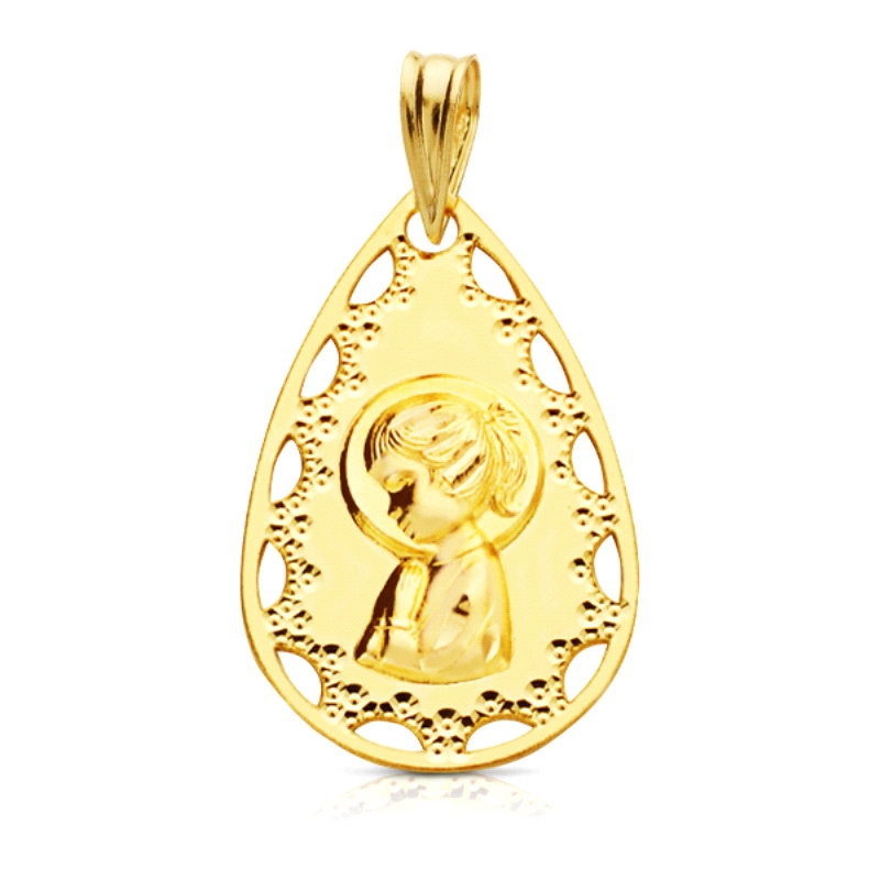 <STRONG>Medalla virgen niña 22 x 14 mm oro amarillo 18k gota calada</STRONG>. <BR>Preciosa y elegante <STRONG>medalla</STRONG> d
