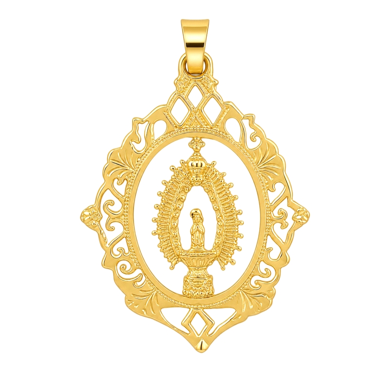 <STRONG>Medalla Virgen de la Fuensanta Coin 41 x 31 mm oro 18k filigranas</STRONG>. Medalla de la Virgen de la Fuensanta de Coín