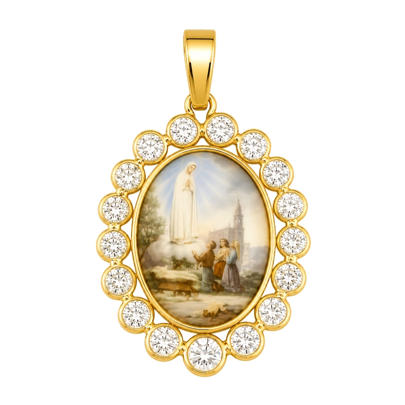 <STRONG>Medalla Virgen de Fátima 23 x 19 mm oro 18k esmalte. Medalla Virgen de Fátima</STRONG> con circonitas. Esta <STRONG>meda