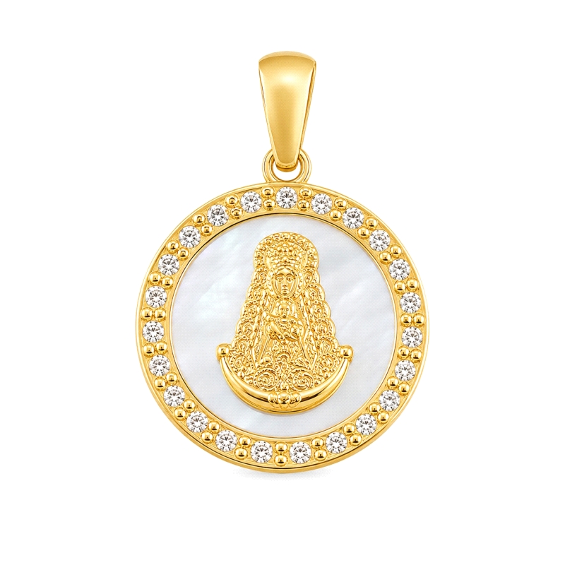 <STRONG>Medalla Virgen del Rocio 13 mm oro 18k nacar</STRONG>. <STRONG>Colgante</STRONG> con la silueta de la <STRONG>Virgen del