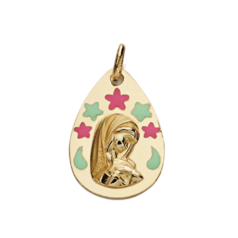 <STRONG>Medalla niña 19 mm oro amarillo 9k lágrima esmaltada.</STRONG><BR>Preciosa y original medalla&nbsp;con la imagen de la v