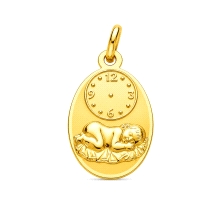 <STRONG>Medalla bebé niño en pesebre con reloj 19 x 12 mm oro 9 kilates.<BR>Medalla </STRONG>de <STRONG>bebé</STRONG> con <STRON