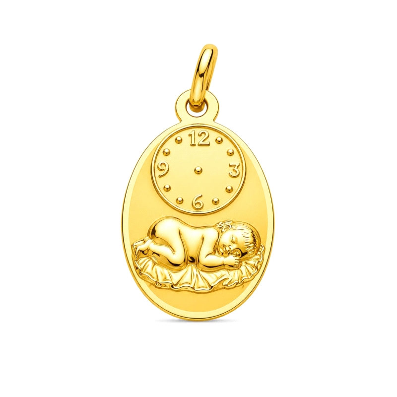 <STRONG>Medalla bebé niño en pesebre con reloj 19 x 12 mm oro 9 kilates.<BR>Medalla </STRONG>de <STRONG>bebé</STRONG> con <STRON
