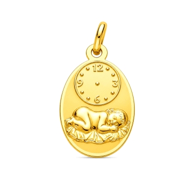 <STRONG>Medalla bebé niño en pesebre con reloj 19 x 12 mm oro 9 kilates.<BR>Medalla </STRONG>de <STRONG>bebé</STRONG> con <STRON