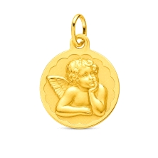 <STRONG>Medalla ángel querubín bebé 14 mm oro 9 kilates.<BR>Medalla </STRONG>de<STRONG> bebé</STRONG> con filos en brillo&nbsp;y