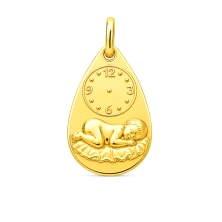 <STRONG>Medalla bebé niño en cuna reloj 19 x 12 mm oro 9 kilates lágrima.<BR>Medalla</STRONG> para <STRONG>bebé</STRONG> con for