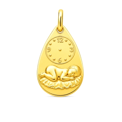 <STRONG>Medalla bebé niño en cuna reloj 19 x 12 mm oro 9 kilates lágrima.<BR>Medalla</STRONG> para <STRONG>bebé</STRONG> con for